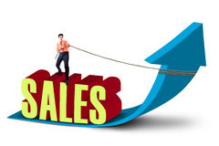 businessman-pulling-sales-arrow-sign-white-background-30066098